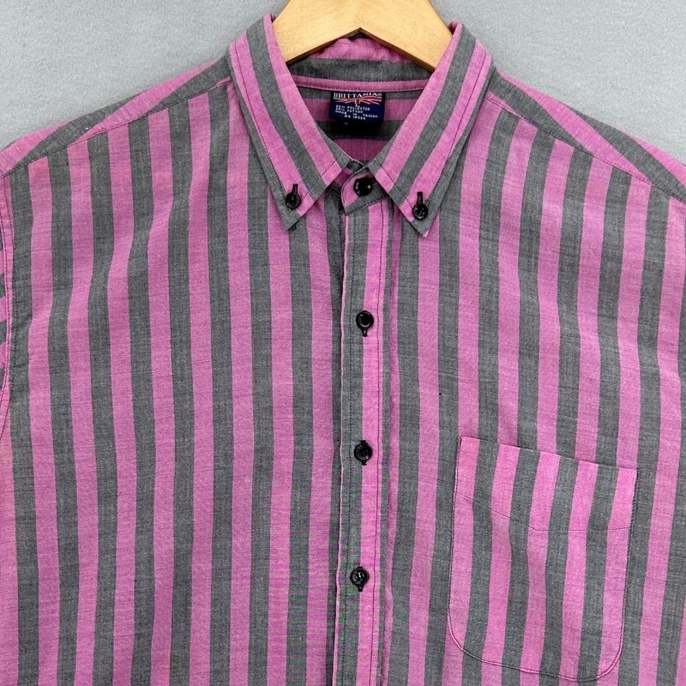 VTG 90s Brittania Pink Grey Striped Short Sleeve Button Down Shirt SZ L‎ Preppy